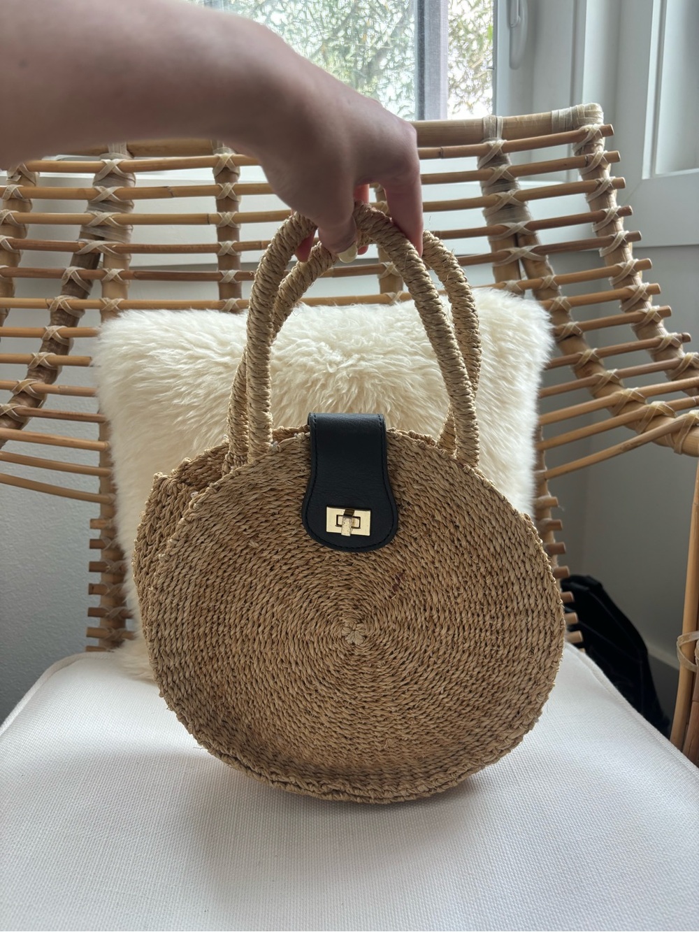 Round Woven Tote in Natural with Black Trim - Picture 1 of 3